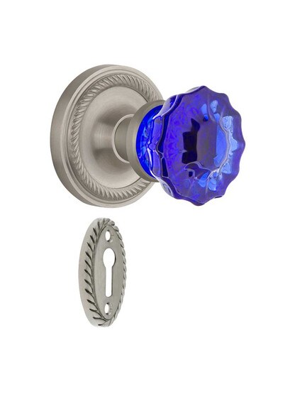 Rope Rosette Mortise Lock Set with Colored Fluted Crystal Glass Knobs Cobalt Blue in Satin Nickel.